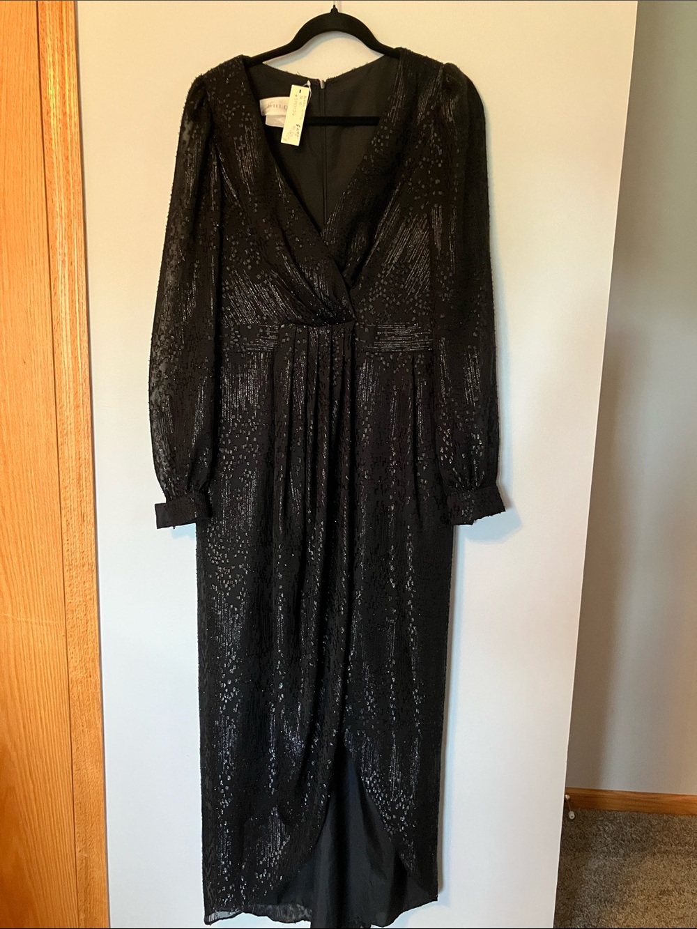 BHLDN Black Sequin Wrap Long Sleeve Midi Dress with Tulip Hem